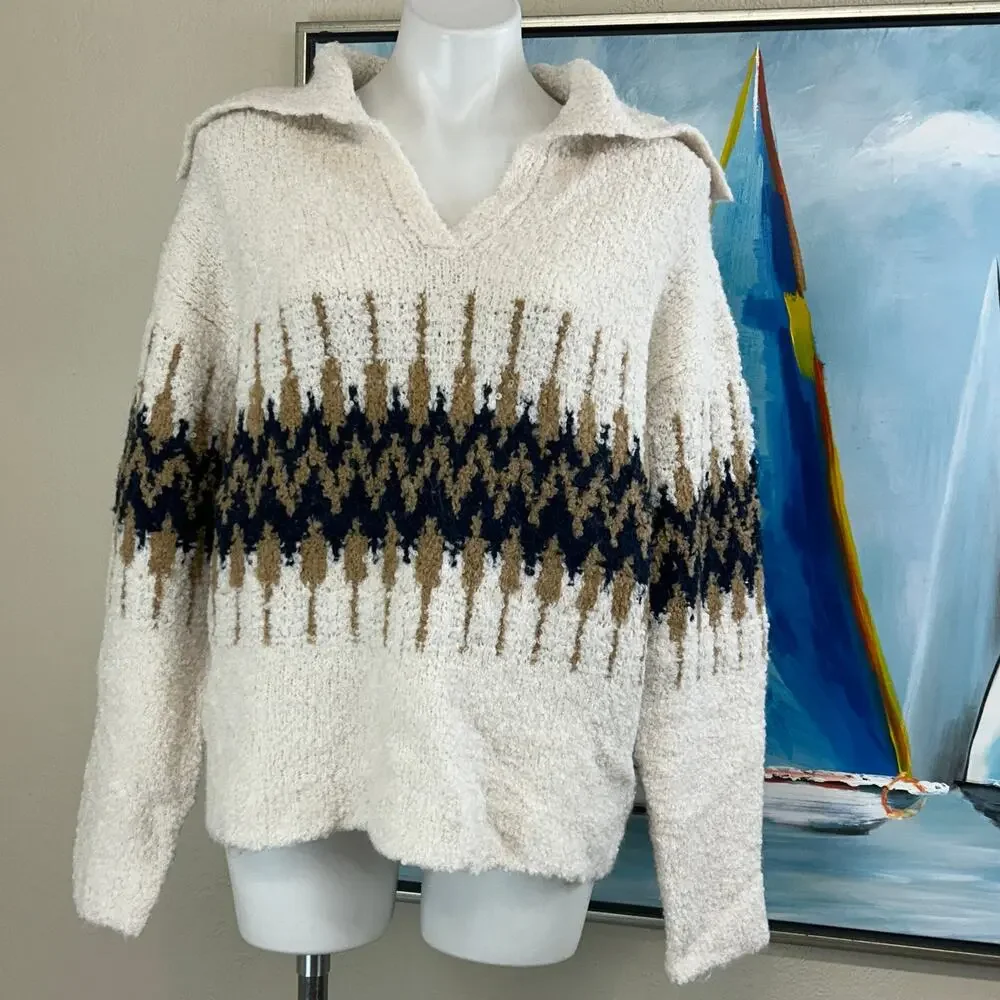 J Crew Sweater Fair Isle Johnny-Collar Boucle Yarn Wool Blend Cream Tan Med NWT